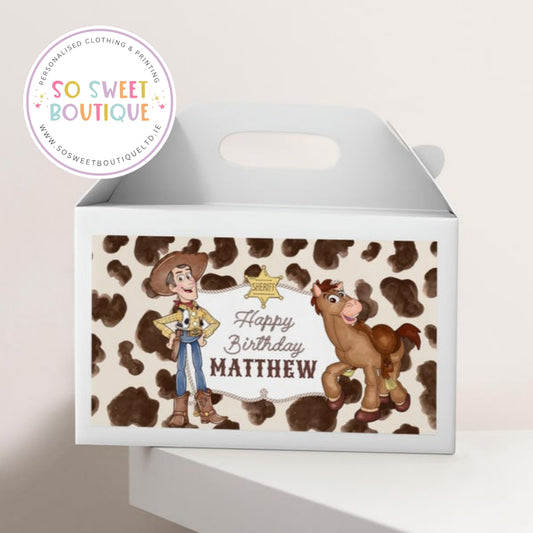 Personalised Toy Story Sheriff themed white fillable treat box with a Toy Story design, perfect for party favors or gifts.