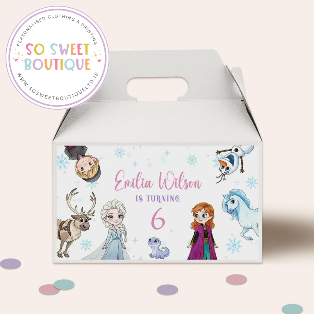 Frozen-themed personalized white fillable treat box with intricate snowflake and character designs, perfect for birthday parties.