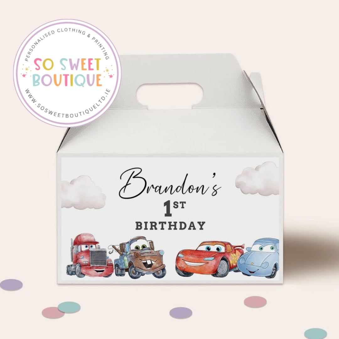 Personalised Lightning McQueen Cars themed white treat box with fillable interior, ideal for kids' parties, by SoSweetBoutiqueLtd.