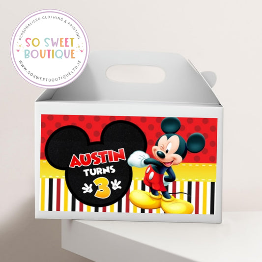Personalised white treat box with Mickey Mouse theme from SoSweetBoutiqueLtd, perfect for party favors and special occasions.