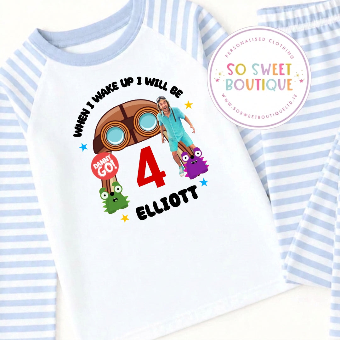 Personalized birthday pajamas for kids featuring Danny Go design, soft fabric, and fun, colorful graphics in a cozy sleepwear set.