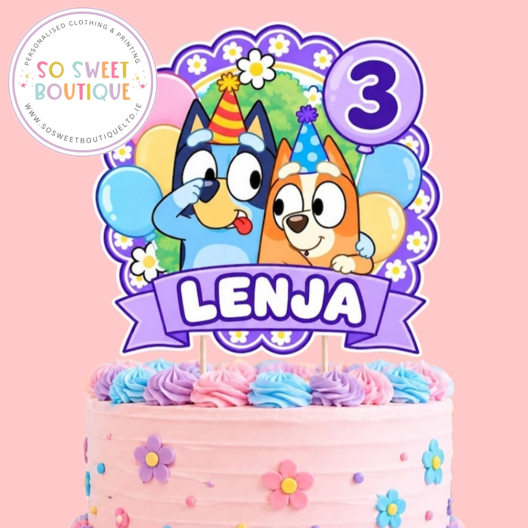 Bluey themed personalized birthday cake topper with "Bluey" design, from SoSweetBoutiqueLtd, featuring colorful, festive details.
