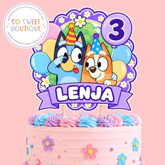 Bluey themed personalized birthday cake topper with "Bluey" design, from SoSweetBoutiqueLtd, featuring colorful, festive details.
