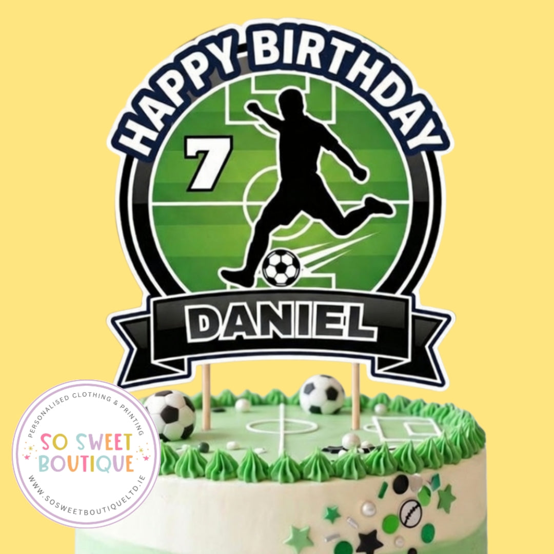 Personalized soccer birthday cake topper from SoSweetBoutiqueLtd with a soccer ball design and custom name decoration.