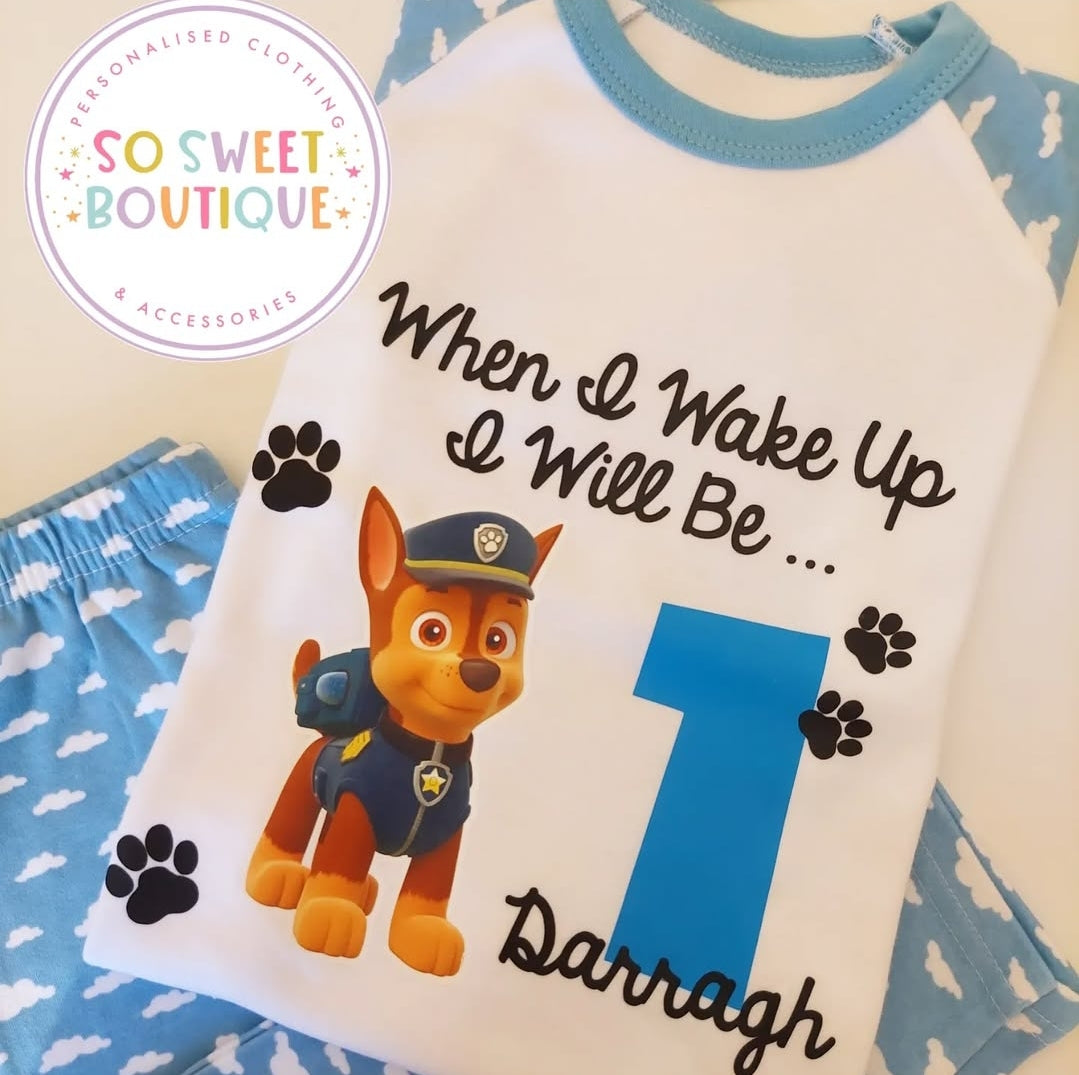 Personalised Chase Paw Patrol birthday pyjamas for kids, featuring Chase and birthday design, from SoSweetBoutiqueLtd.