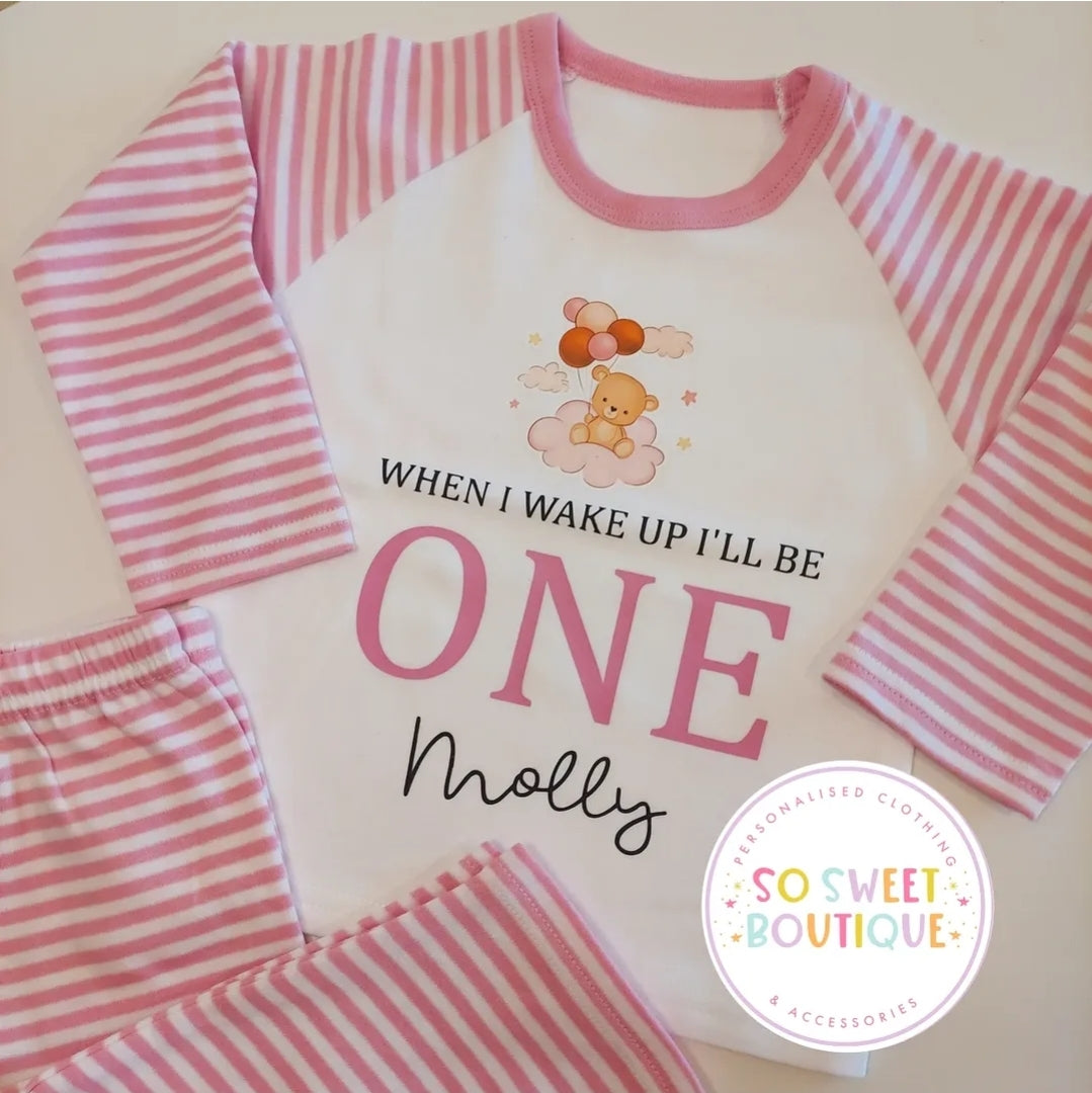 Personalized birthday pyjamas with bear balloon design from SoSweetBoutiqueLtd, featuring colorful bear illustrations on soft fabric.