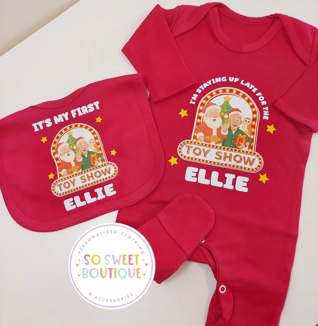 The Toy Show Personalised Red Sleepsuit & Bib Baby Set