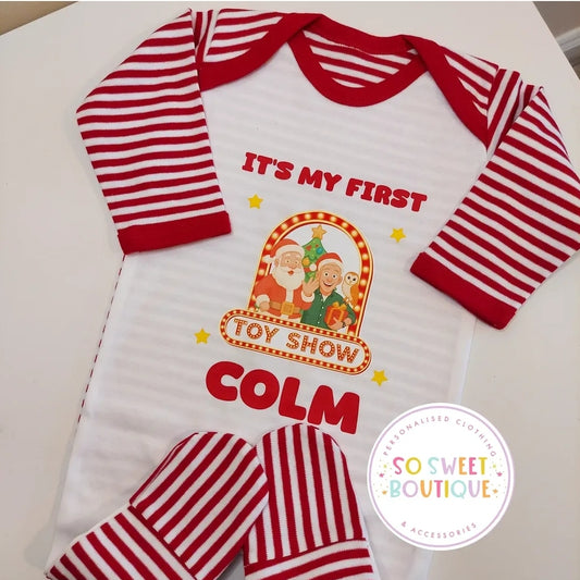 The Toy Show Red Stripe Unisex Personalised Babygro Sleepsuit