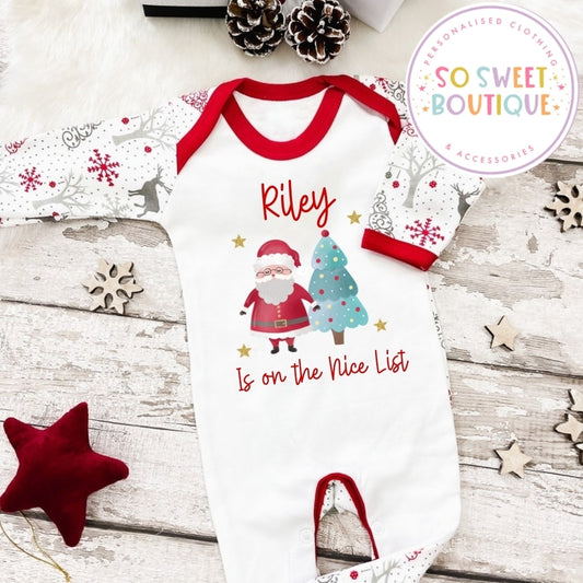On The Nice List Personalised Christmas Babygro Sleepsuit