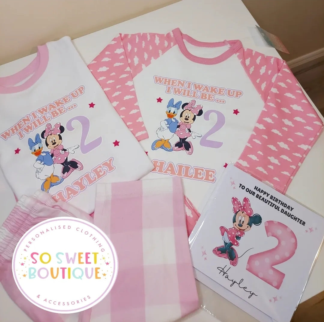 Personalized Minnie and Daisy birthday pajamas for kids, featuring colorful cartoon characters and fun sleepwear design.