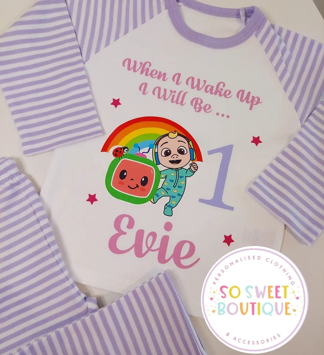 Cocomelon personalized birthday pajamas for kids, featuring colorful cartoon design and soft fabric by SoSweetBoutiqueLtd.