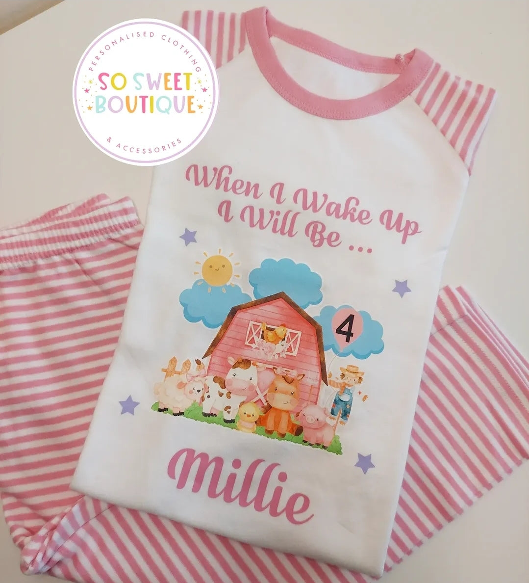 Pink farm-themed birthday pyjamas by SoSweetBoutiqueLtd featuring personalized "When I Wake Up" design for special occasions.