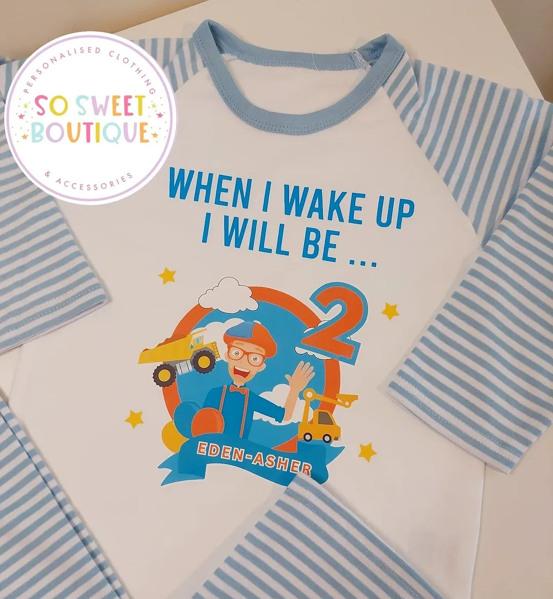 Personalised Blippi birthday pyjamas from SoSweetBoutiqueLtd featuring colorful Blippi character on soft fabric pajamas.