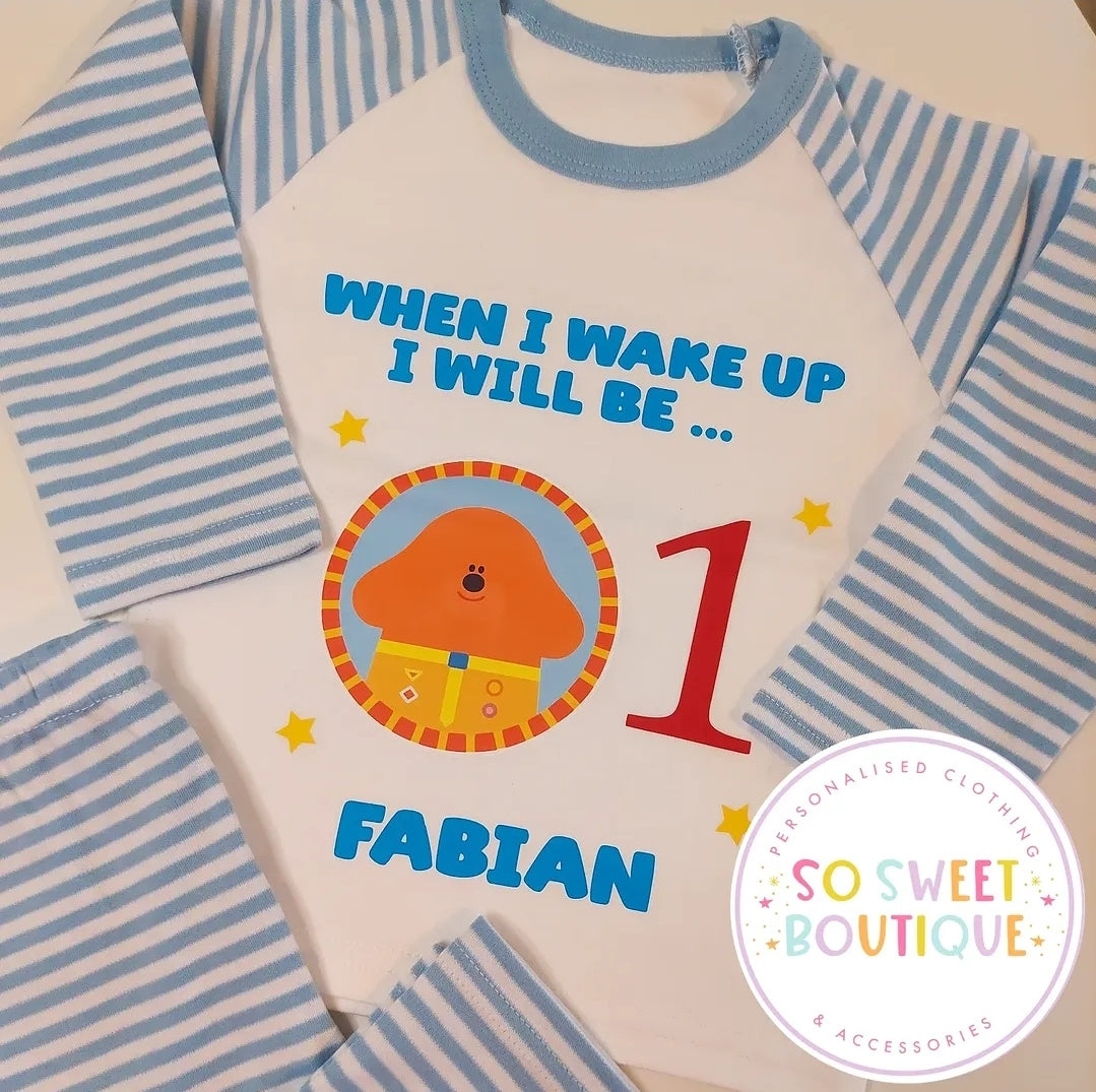 Hey Duggee personalized birthday pajamas for kids, featuring colorful cartoon characters in soft fabric, perfect for sleepovers.
