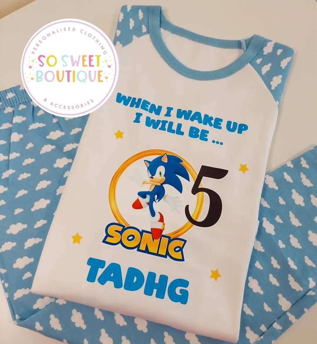 Personalised birthday pyjamas featuring the Sonic When I Wake Up design by SoSweetBoutiqueLtd, with colorful cartoon character print.