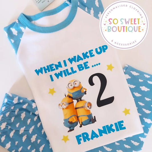 Personalised Minions birthday pyjamas by SoSweetBoutiqueLtd featuring cartoon Minions and colorful sleepwear design.