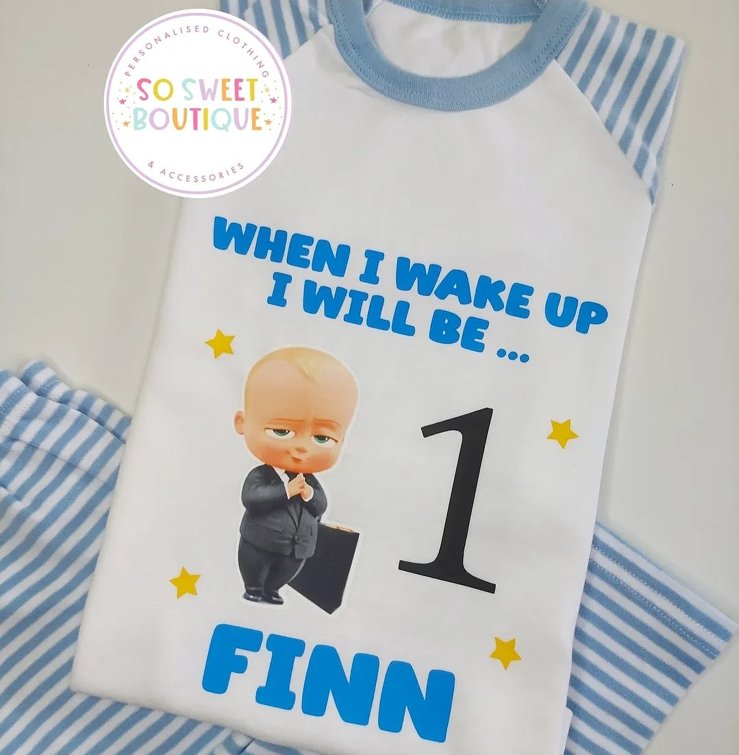 Personalized Boss Baby When I Wake Up birthday pajamas for kids, featuring colorful cartoon design and custom name text.