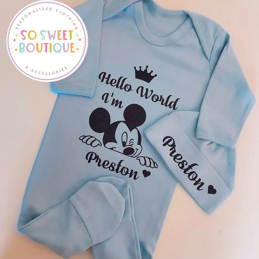 Mickey Mouse Blue Personalised Sleepsuit & Hat Set