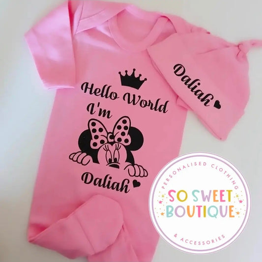 Minnie Mouse Blue Personalised Sleepsuit & Hat Set