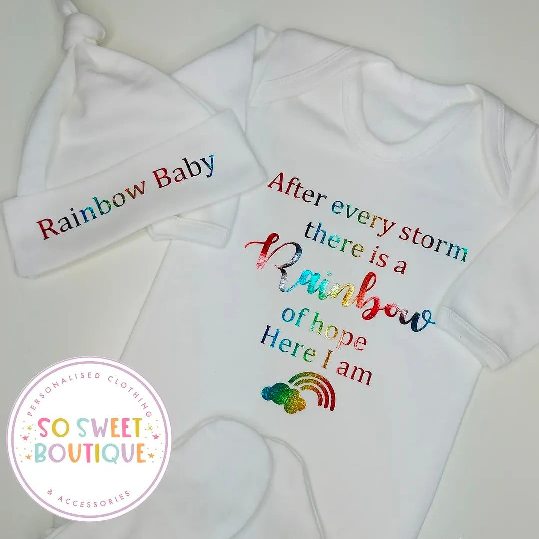 Rainbow Baby White Personalised Sleepsuit & Hat Set