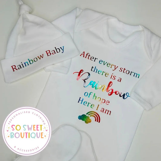 Rainbow Baby White Personalised Sleepsuit & Hat Set