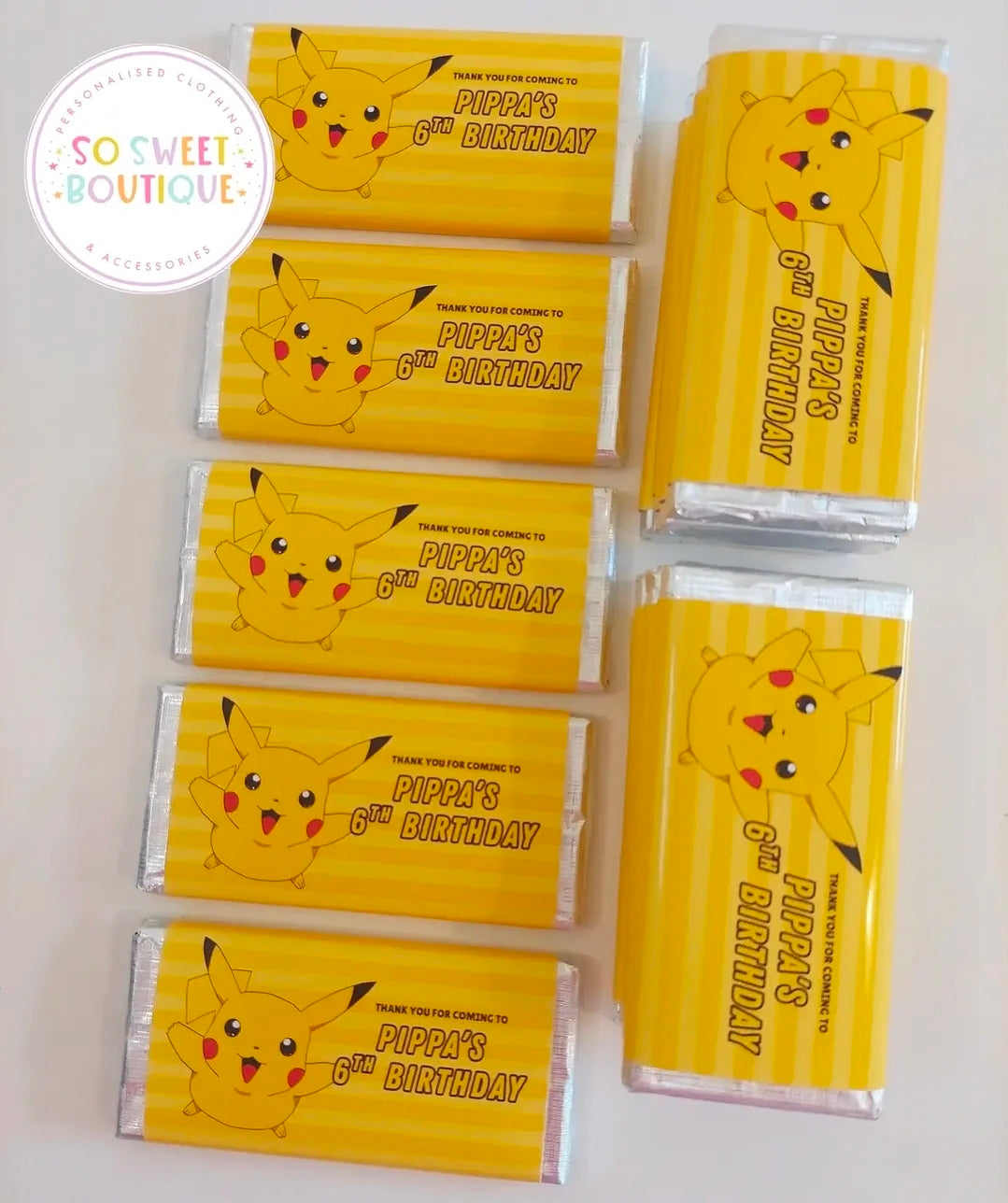 Pikachu Pokemon themed Personalised 40g Milk Chocolate Bars - 5 Pack