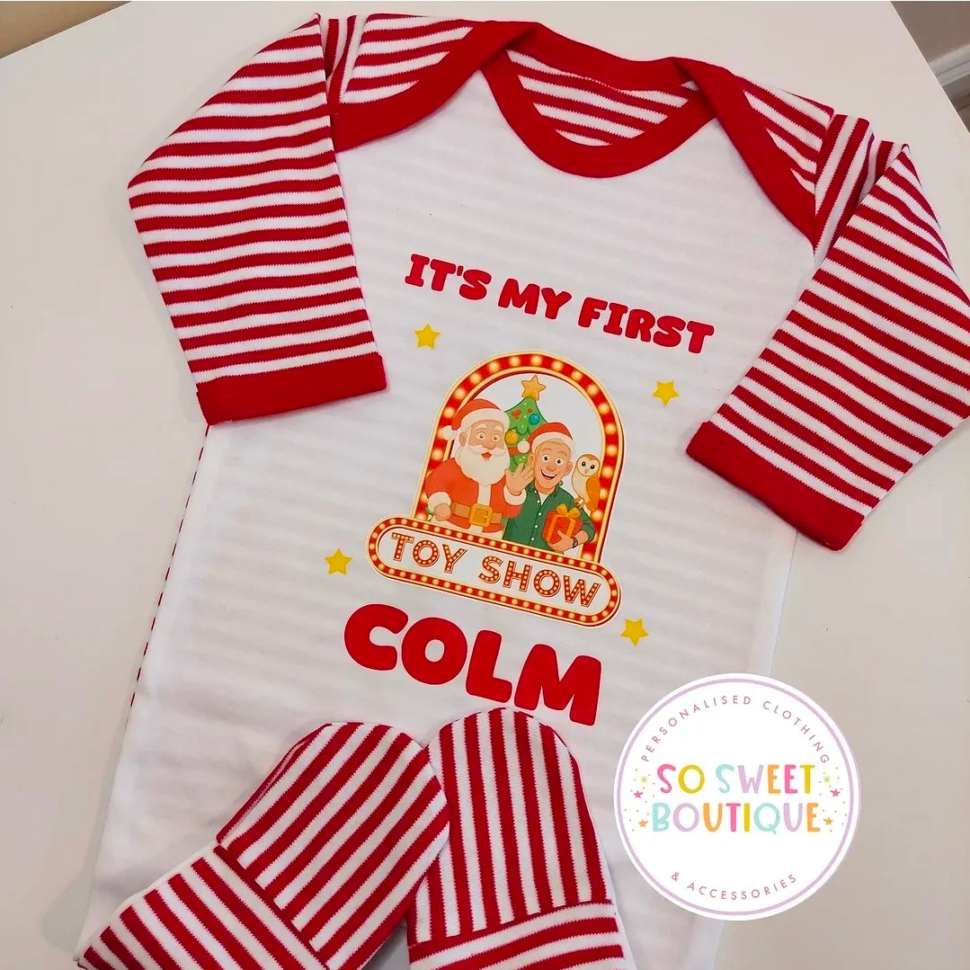 My First Toy Show Personalised Red Stripe Babygro Sleepsuit