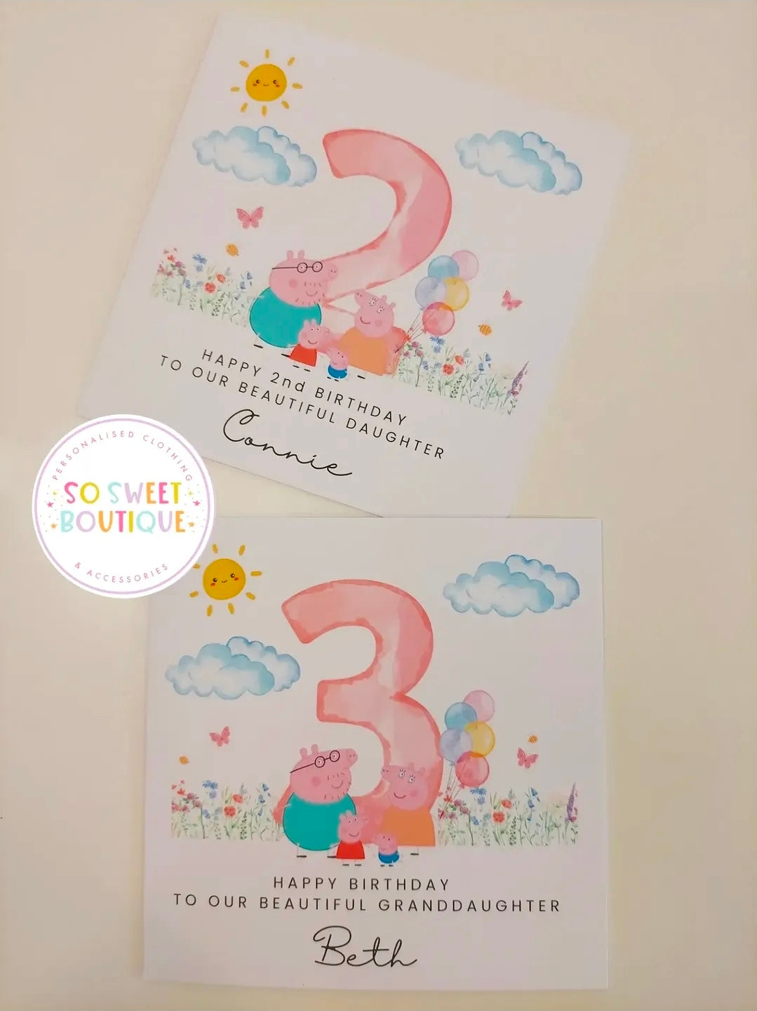 Peppa Pig personalised birthday card featuring colorful cartoon characters and customizable text, perfect for children's celebrations.