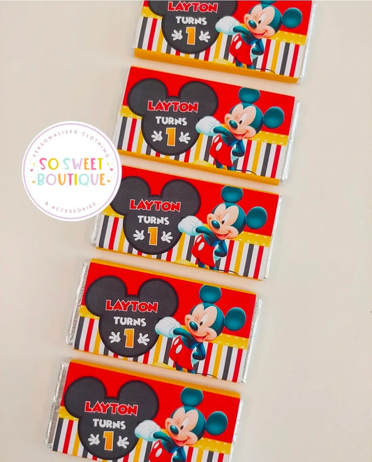 Five personalized Mickey Mouse themed milk chocolate bars by SoSweetBoutiqueLtd, each weighing 40g, displayed in a colorful package.