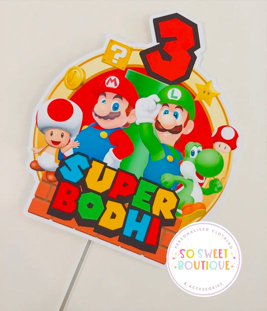 Super Mario themed personalized birthday cake topper with Super Mario character and custom text for celebration.