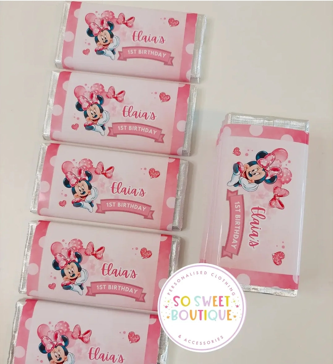 Five personalised Minnie Mouse 40g milk chocolate bars from SoSweetBoutiqueLtd, featuring colorful Minnie Mouse designs on the packaging.