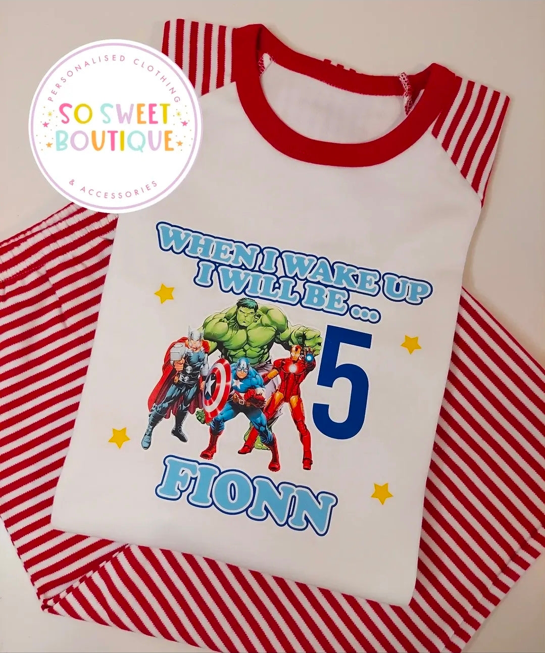 Personalized superhero Avengers birthday pajamas for kids, featuring a colorful design and custom name print from SoSweetBoutiqueLtd.