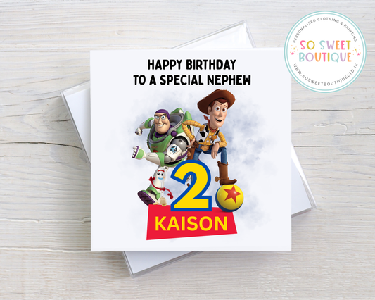 Personalised Toy Story birthday card featuring Woody and Buzz Lightyear for a special nephew, by SoSweetBoutiqueLtd.