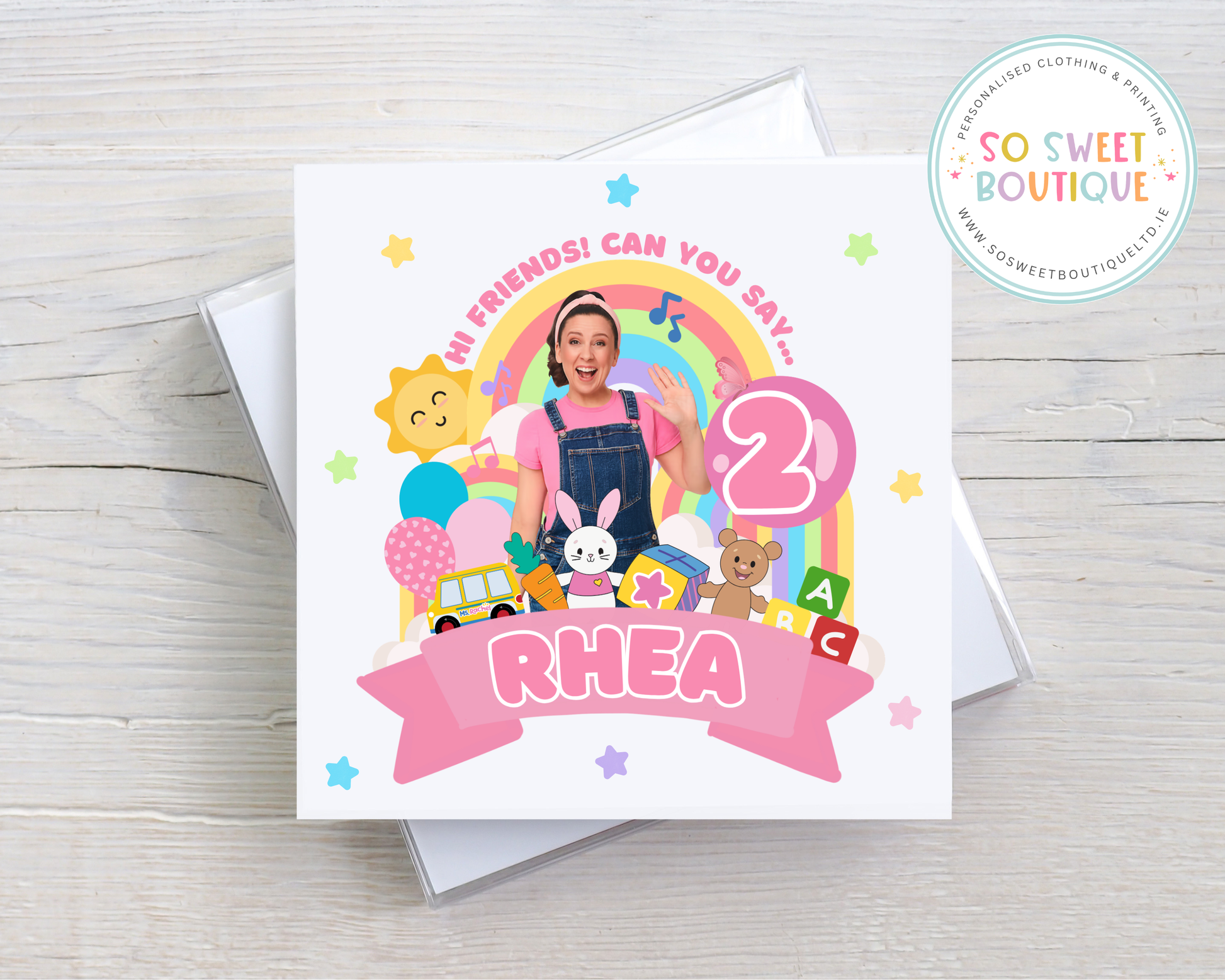 Personalized Ms Rachel themed birthday card for nephew, featuring colorful illustrations and custom text from SoSweetBoutiqueLtd.