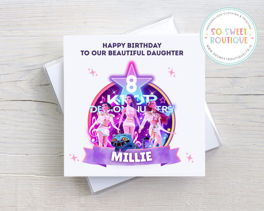 Personalised KPOP Demon Hunters birthday card featuring vibrant artwork and space for custom message, by SoSweetBoutiqueLtd.