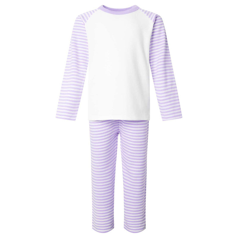Pastel purple stripe long raglan sleeve pajamas set by SoSweetBoutiqueLtd, personalized for birthdays, soft and cozy sleepwear.