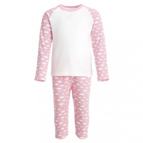 Pink cloud-print personalised birthday pyjama set by SoSweetBoutiqueLtd, featuring a soft, comfortable pajama top and bottoms.