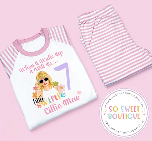 Personalized birthday pyjamas featuring the "When I Wake Up" design by SoSweetBoutiqueLtd, perfect for celebrating with comfortable style.