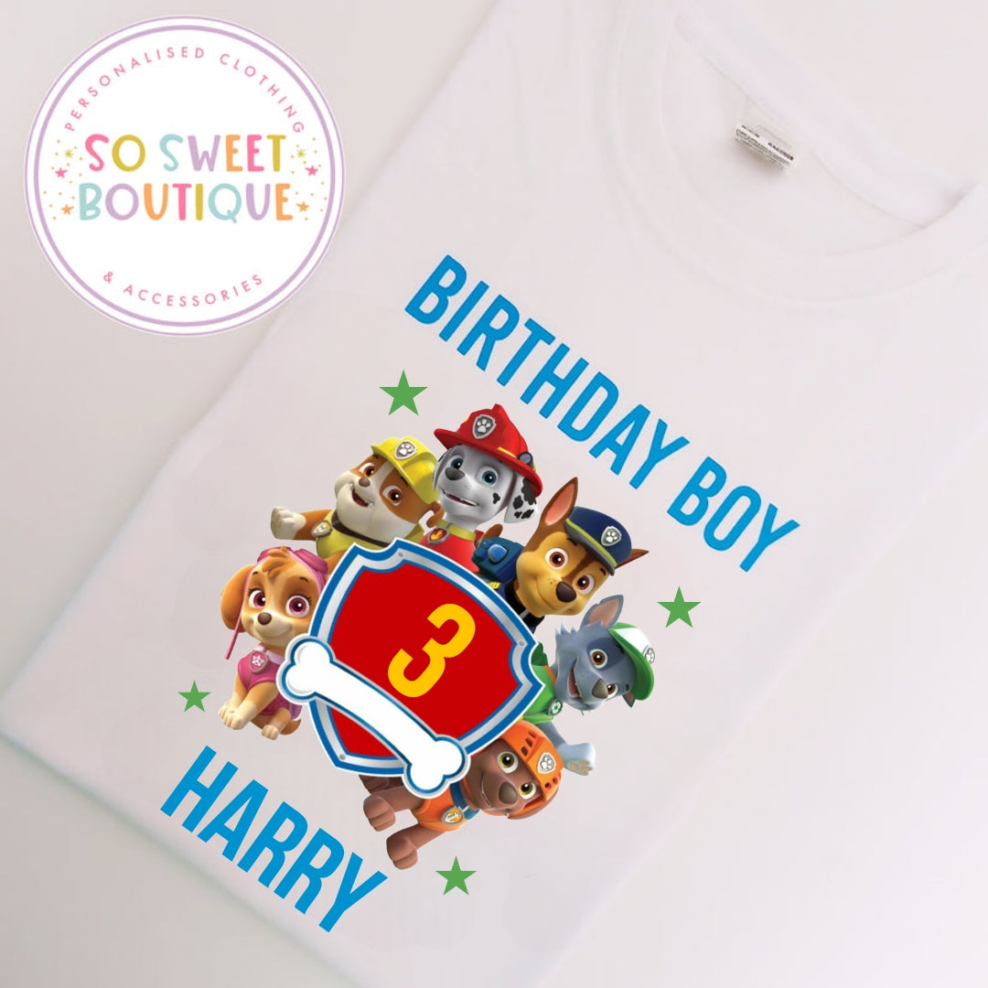 White Paw Patrol themed birthday T-shirt for kids, featuring colorful characters and fun design, from SoSweetBoutiqueLtd.