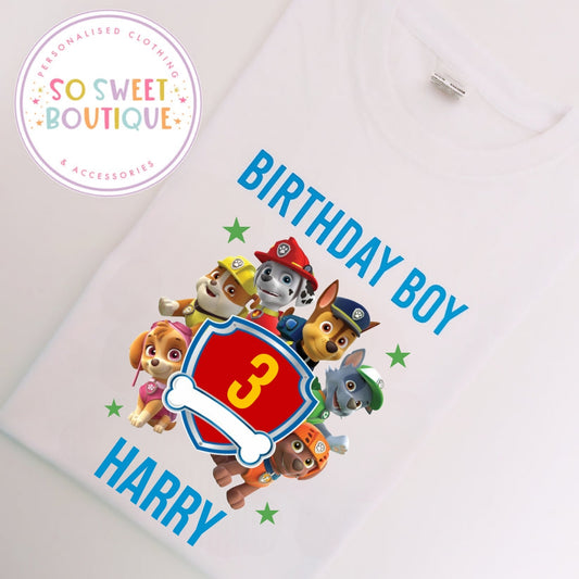 White Paw Patrol themed birthday T-shirt for kids, featuring colorful characters and fun design, from SoSweetBoutiqueLtd.